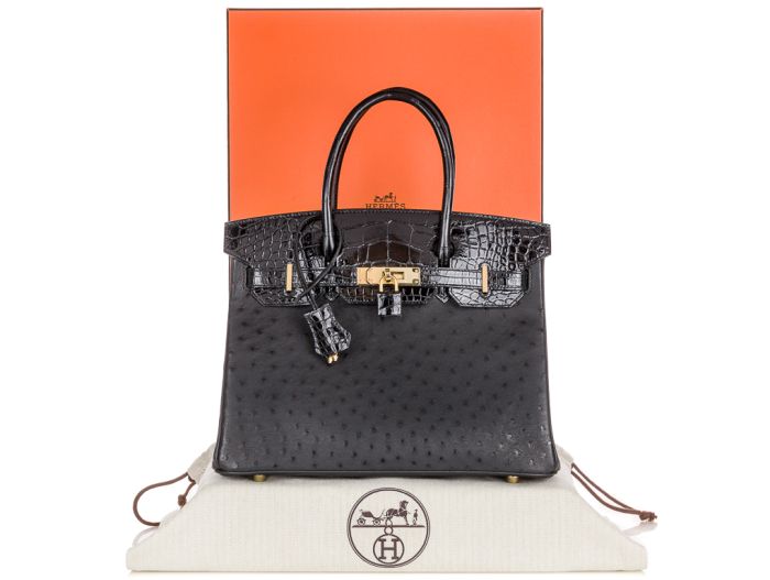 Hermes Black Shiny Alligator and Ostrich Birkin Touch 30cm Bag - Image 7