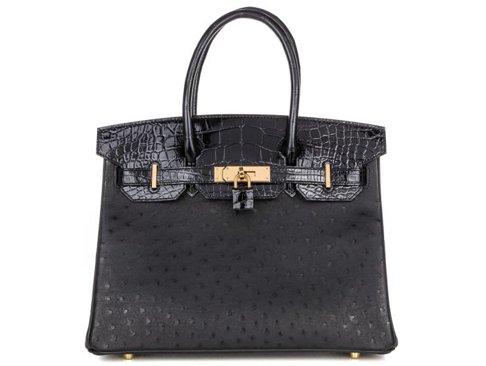 Hermes Black Shiny Alligator and Ostrich Birkin Touch 30cm Bag