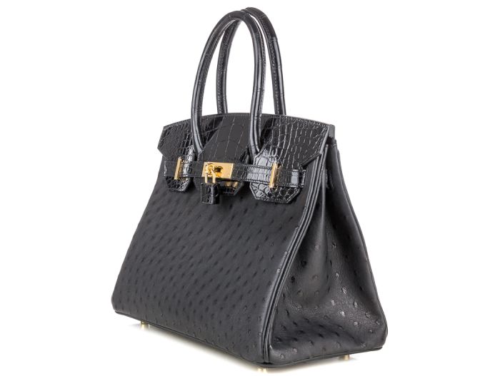 Hermes Black Shiny Alligator and Ostrich Birkin Touch 30cm Bag