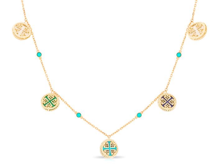 Lace Petite Diamond Necklace with Condensed Turquoise, Lapis Lazuli, Malachite and Mother of Pearl