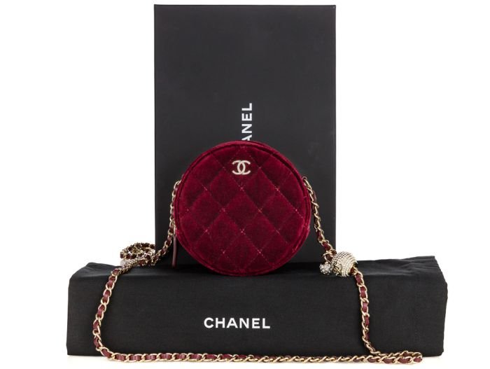 Chanel Burgundy Velvet Pearl Crush Round Bag
