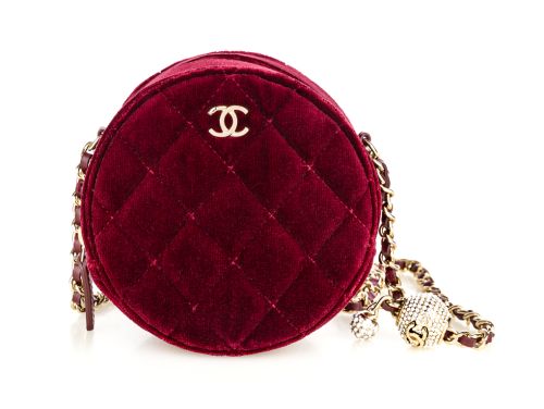 Chanel Burgundy Velvet Pearl Crush Round Bag