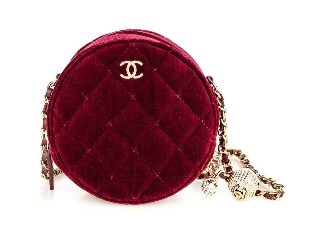 Chanel Burgundy Velvet Pearl Crush Round Bag