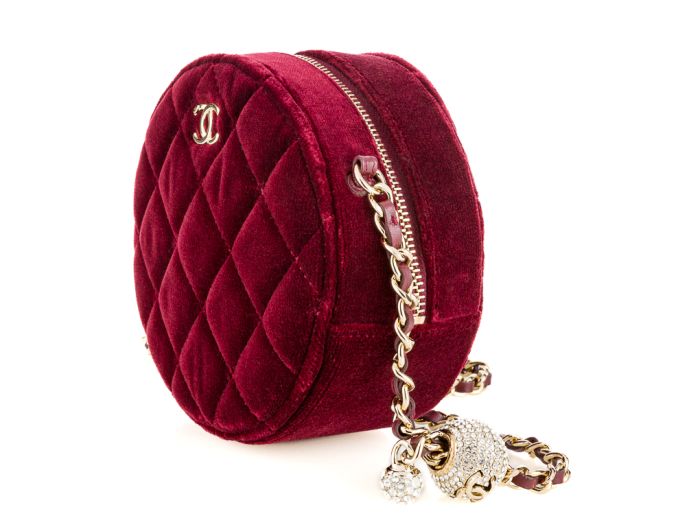 Chanel Burgundy Velvet Pearl Crush Round Bag - Image 3