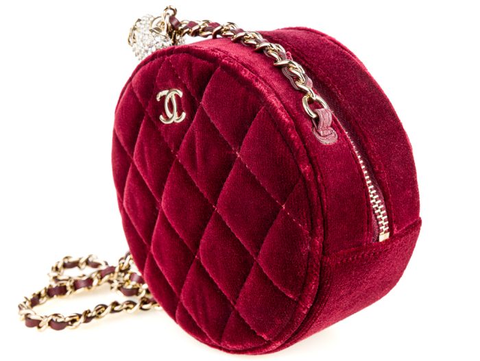 Chanel Burgundy Velvet Pearl Crush Round Bag - Image 5