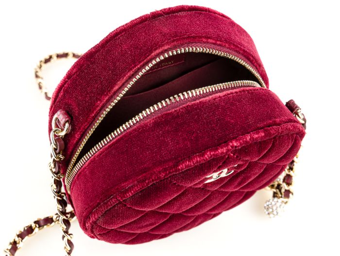 Chanel Burgundy Velvet Pearl Crush Round Bag - Image 2
