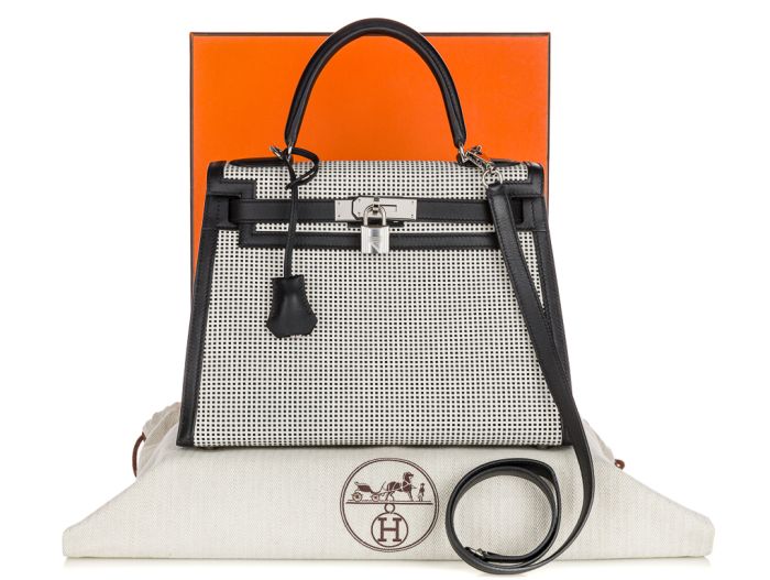 Hermes Limited Edition Black Swift Leather & Ecru Toile Quadrille Sellier Kelly 28cm Bag (1)