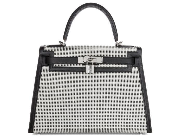 Hermes Limited Edition Black Swift Leather & Ecru Toile Quadrille Sellier Kelly 28cm Bag (2)