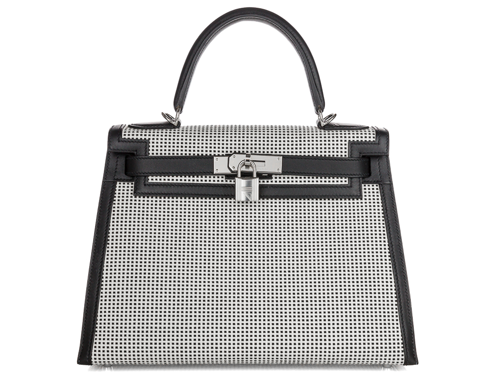 Hermes Limited Edition Black Swift Leather & Ecru Toile Quadrille Sellier Kelly 28cm Bag (2)