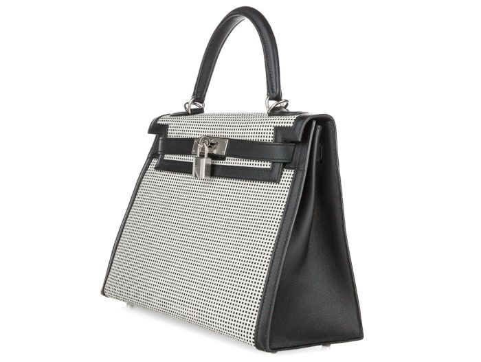 Hermes Limited Edition Black Swift Leather & Ecru Toile Quadrille Sellier Kelly 28cm Bag - Image 2