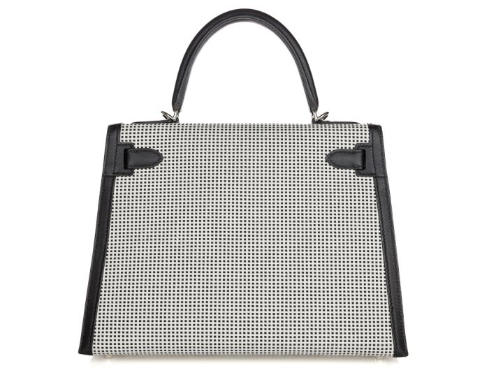 Hermes Limited Edition Black Swift Leather & Ecru Toile Quadrille Sellier Kelly 28cm Bag - Image 3
