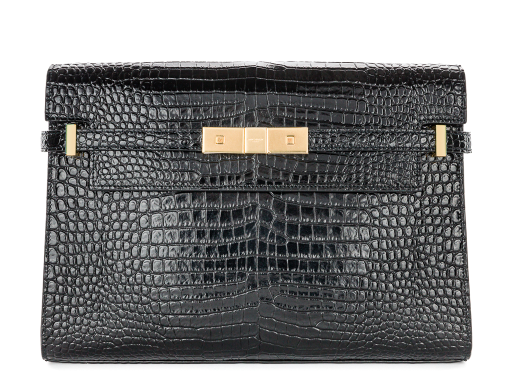 Yves Saint Laurent Black Croc-Embossed Manhattan Medium Bag