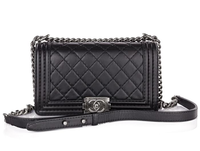 Chanel Black Leather Stiched Medium Boy Bag