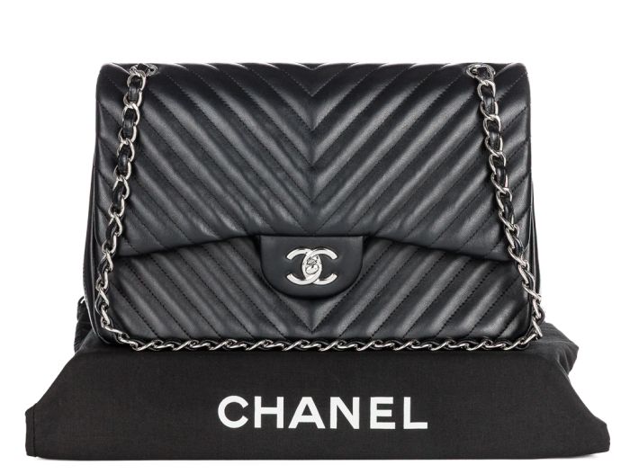 Chanel Timeless Classique Double Flap Black Chevron Leather Bag (1)