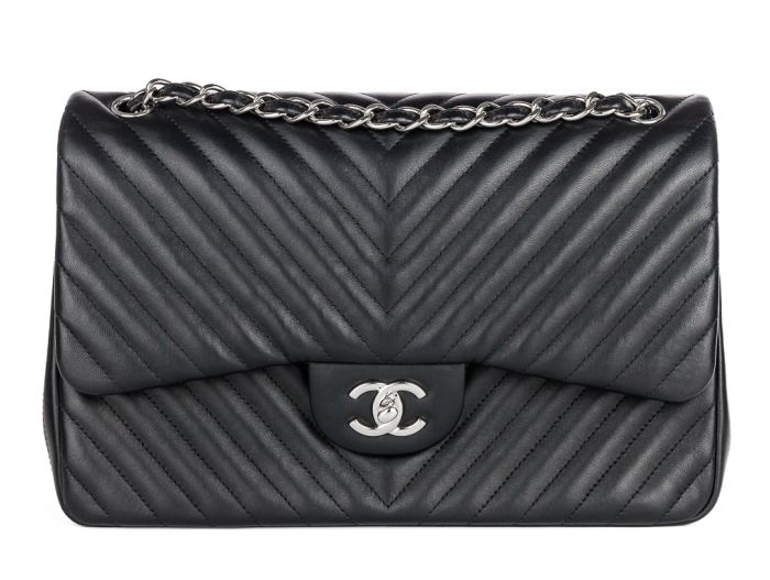 Chanel Timeless Classique Double Flap Black Chevron Leather Bag (2)