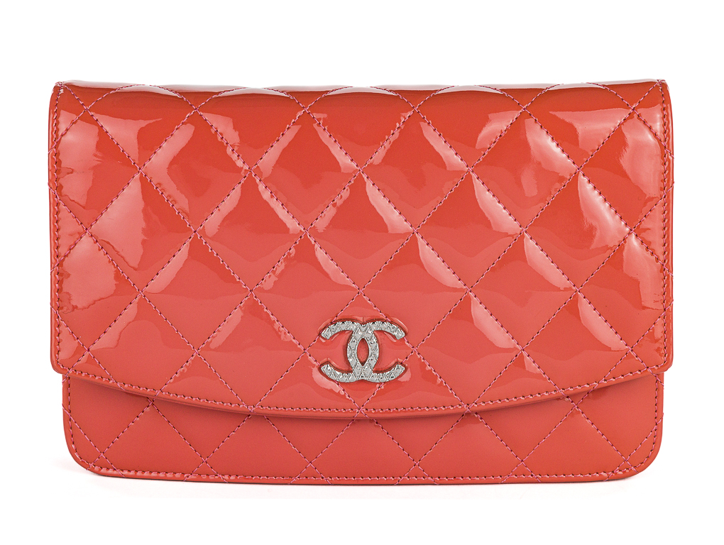 Chanel Cc Coral Quilted Patent Wallet on Chain