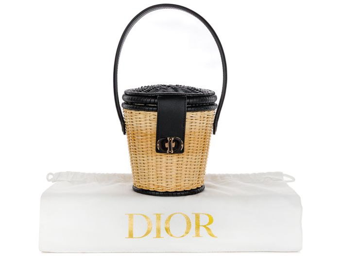 Christian Dior Black Calfskin Leather & Wicker Bucket Bag - Image 6