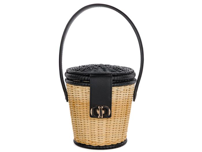 Christian Dior Black Calfskin Leather & Wicker Bucket Bag