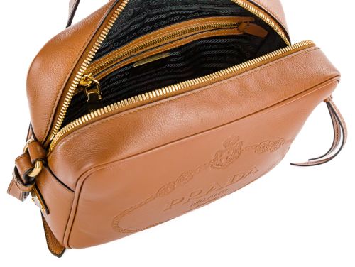 Prada Tan Embossed Logo Camera Leather Bag