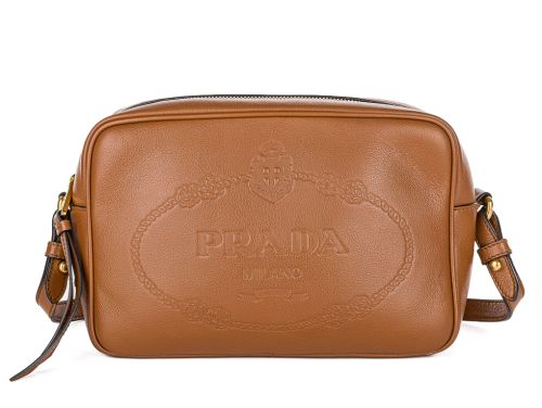 Prada Tan Embossed Logo Camera Leather Bag