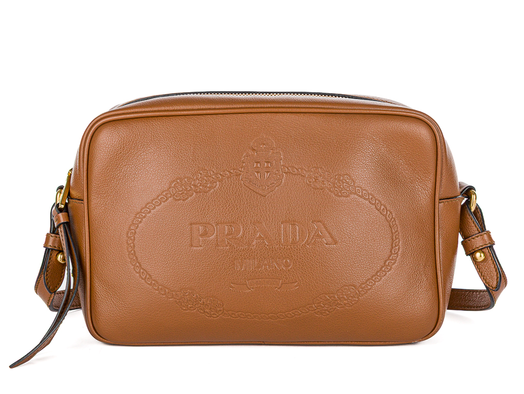 Prada Tan Embossed Logo Camera Leather Bag