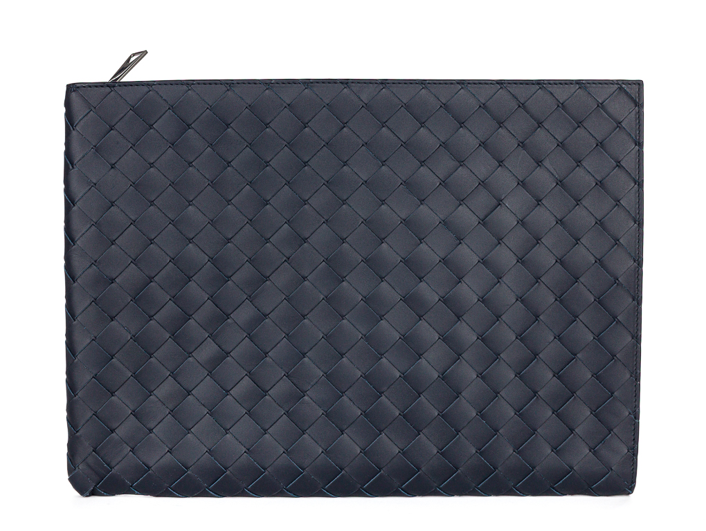 Bottega Venetta Navy Intrecciato Half Zipped Pouch
