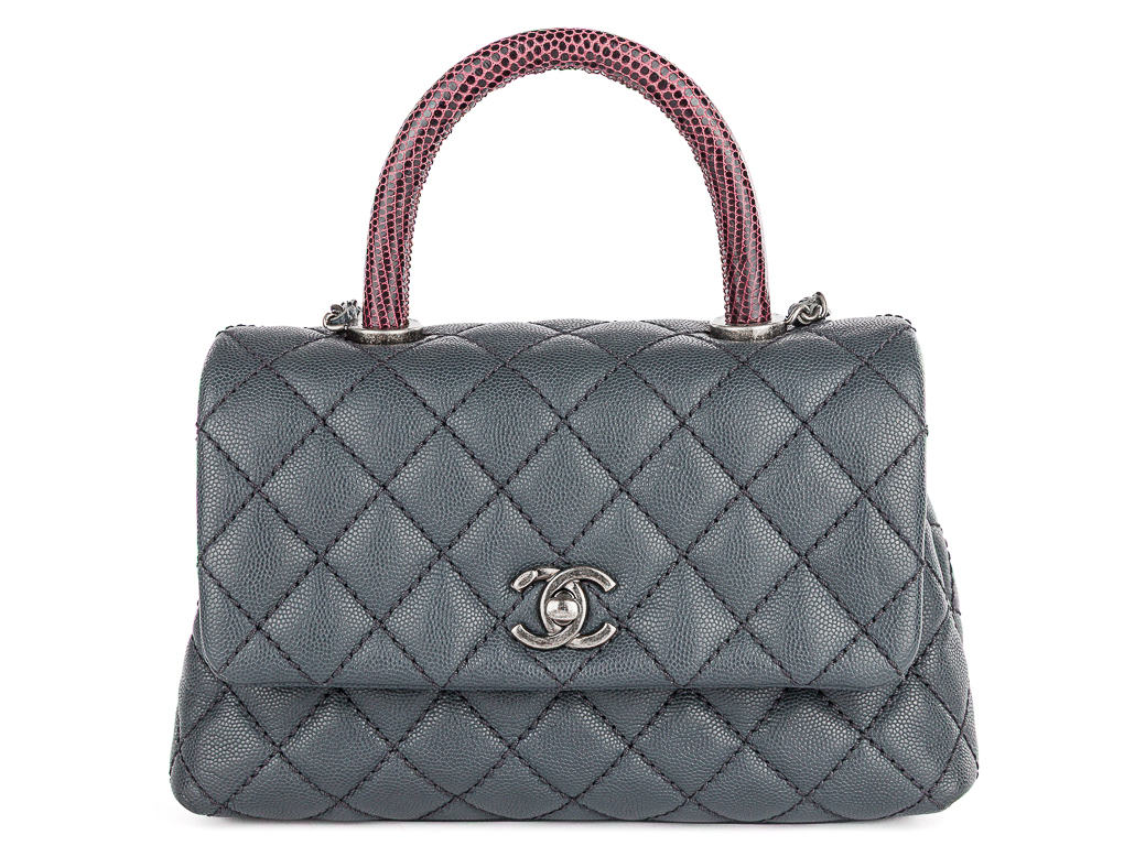 Chanel Grey Caviar & Lizard Embossed Coco Top Handle Bag