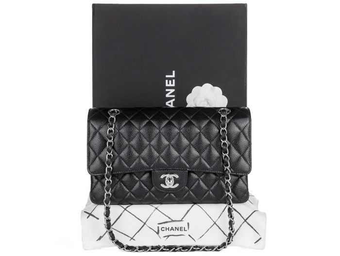 Chanel Medium Black Caviar Double Flap Silver Tone Hardware Bag - Image 6