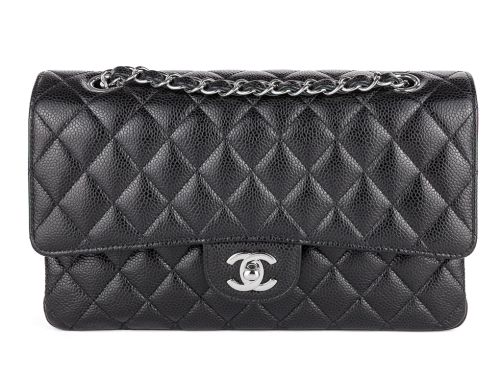 Chanel Medium Black Caviar Double Flap Silver Tone Hardware Bag