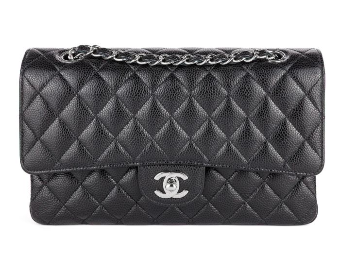 Chanel Medium Black Caviar Double Flap Silver Tone Hardware Bag