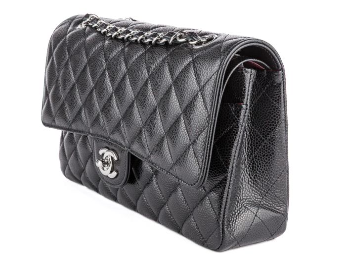 Chanel Medium Black Caviar Double Flap Silver Tone Hardware Bag - Image 2