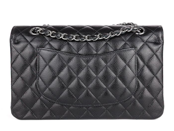 Chanel Medium Black Caviar Double Flap Silver Tone Hardware Bag - Image 4