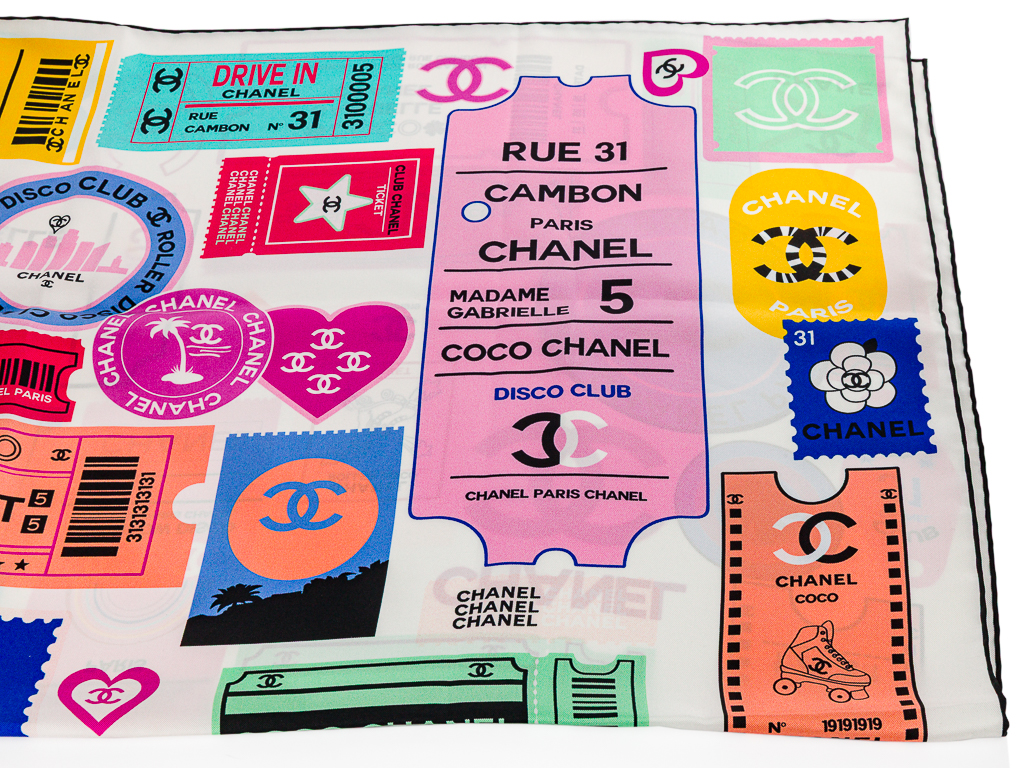 Chanel Tickets Printed Silk Square Scarf