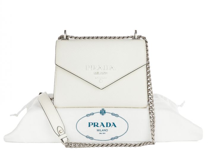 Prada White Saffiano Cuir Monochrome Chain Shoulder Bag - Image 6