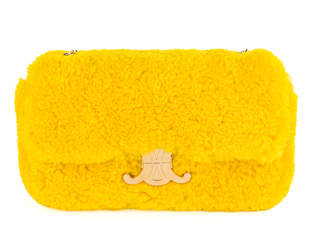 Celine Yellow Triomphe Fluffy Shearling Shoulder Bag