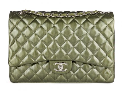 Chanel Green Straited Quilted Patent Leather Maxi Classic Double Flap Bag