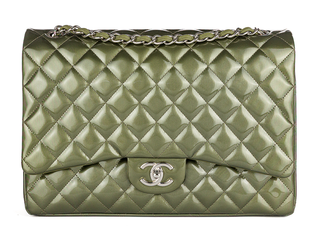 Chanel Green Straited Quilted Patent Leather Maxi Classic Double Flap Bag