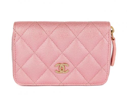 Chanel Pink Iridescent Caviar Quilted Zip Coin Purse
