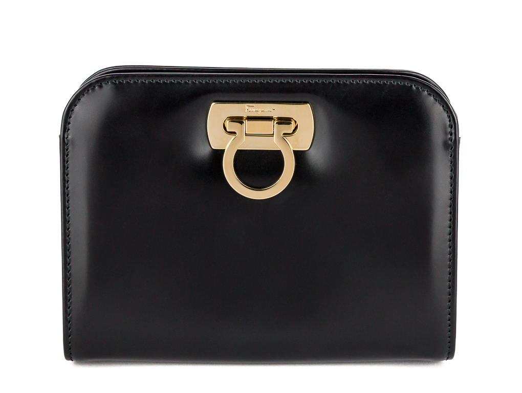 Salvatore Ferragamo Gancini Chain Black Leather Shoulder Bag
