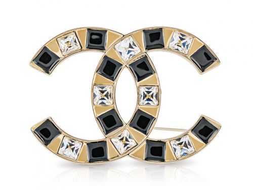 Chanel CC White Crystal And Black Enamel Brooch